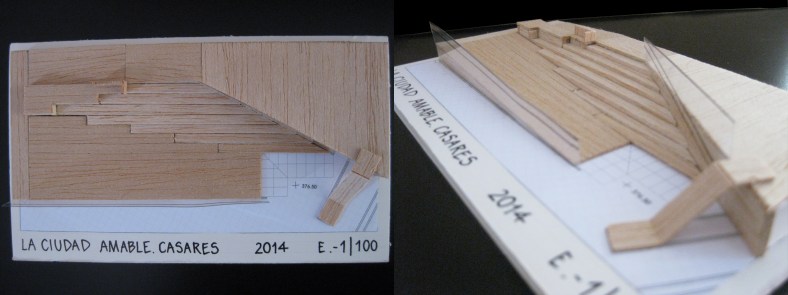 Maqueta de trabajo. Vista en planta del conjunto rampa-escalera entre las dos plazas y vista desde el este: el tobogán en primer término, al fondo los bancos