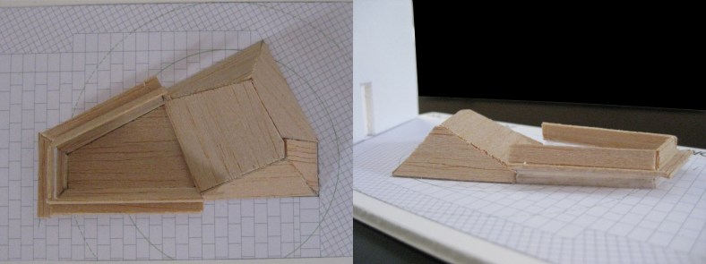 Maqueta. Vista en planta del alcorque-banco del plátano centenario y vista desde el norte, a la izquierda la fachada lateral de la iglesia