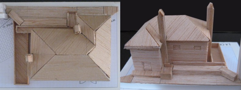 Maqueta. Vista en planta del conjunto de piletas y jardineras en torno al casetón y vista desde el norte, a la derecha el arco junto a calle Fuente.